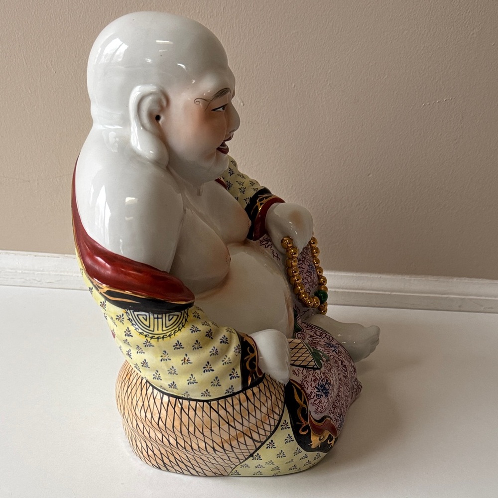 Vintage Hand-Painted Porcelain Laughing Buddha Statue in White and Multicolor - Picture 4 of 14